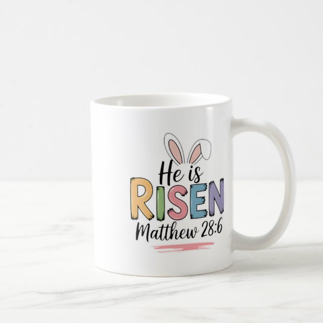 Han är Risen Matthew 286 Bunny Ear Christian Bible Kaffemugg (Höger)