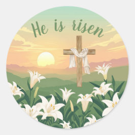 Han är Risen Påsk Sunrise Religiösa Runt Klistermärke