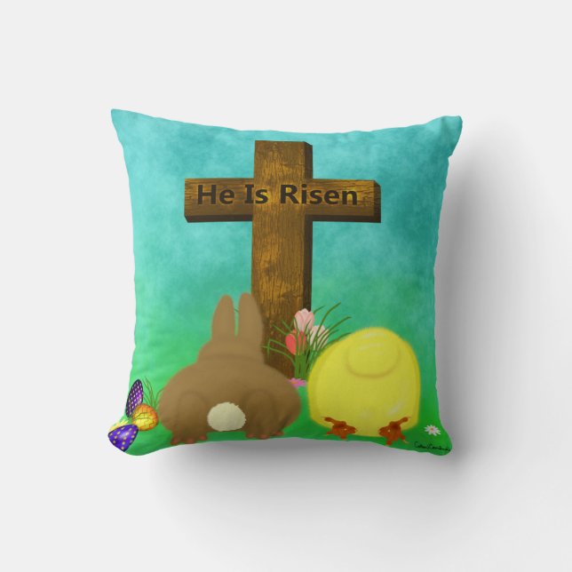 Han är Risen! Påskhare Chick Bow till Kor Kudde (Framsida)