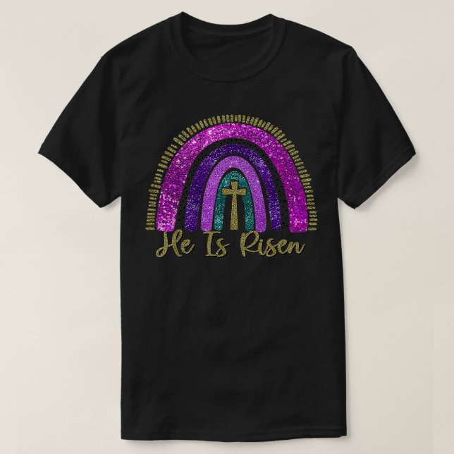 Han är Risen Rainbow Christian Jesus Glad påsk D T Shirt (Design framsida)