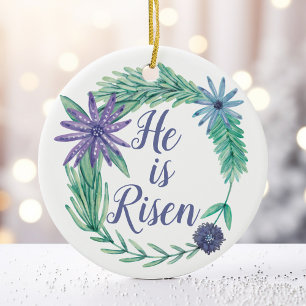 Han är Risen Religiösa Blommigt Christian Julgransprydnad Keramik