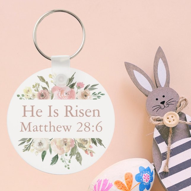 Han är Risen Rosa Blommigt Bible Verse Nyckelring (Skapare uppladdad)