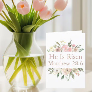 Han är Risen Rosa Blommigt Religiösa Påsk Helgkort