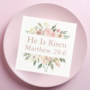 Han är Risen Rosa Blommigt Religiösa Påsk Pappersservett