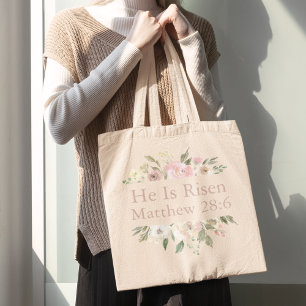 Han är Risen Rosa Blommigt Religiösa Påsk Tygkasse