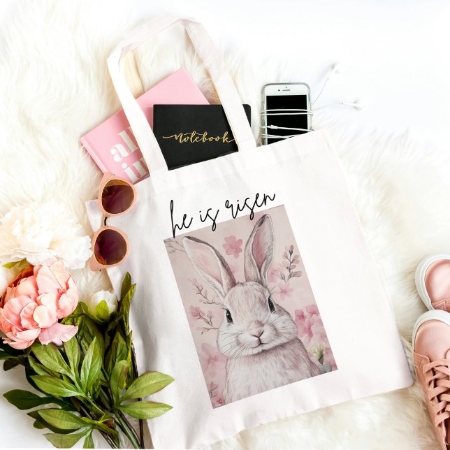 "Han är Risen" Rosa Bunny med Flower Tygkasse (Skapare uppladdad)