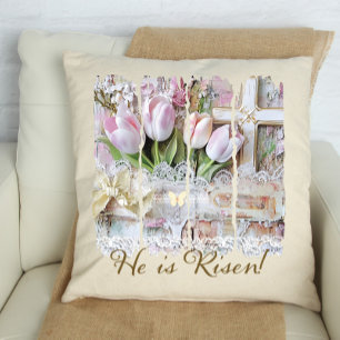 Han är Risen Tulip Kor Christian Vintage Womens Kudde