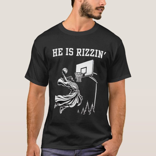 Han är Rizzin Funny Basketball Retro Christian T Shirt (Framsida)
