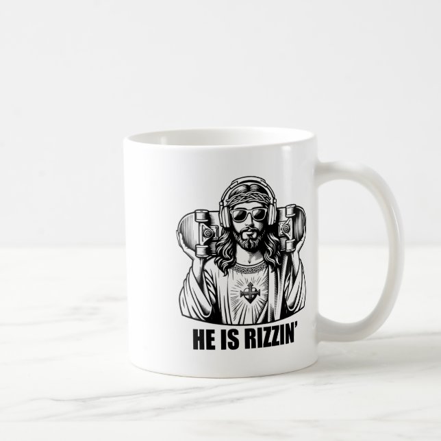 Han är Rizzin Jesus Skateboard Påsk Religiös Ris Kaffemugg (Höger)