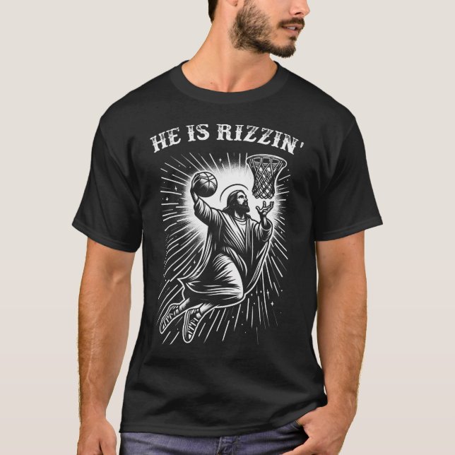 Han är Rizzin'Risen Funny Jesus Christian som spel T Shirt (Framsida)
