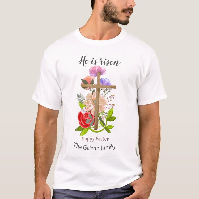 Han är upprest, blommigt Påsk-familjen, Religiösa T Shirt (Framsida)