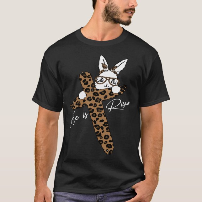 Han är upprest Påsk Dag Bunny Leopard Jesus Kor R T Shirt (Framsida)