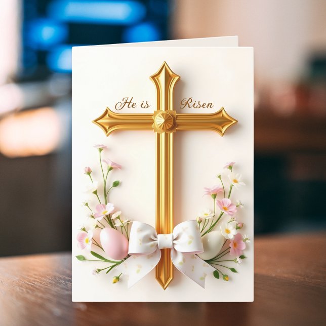 Han är Uppstånden Blommig Katolsk Kors Religiös På Helgkort (He Is Risen Floral Catholic Cross Religious Easter Holiday Card)