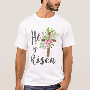 Han är Uppstånden Blommig Kors Vintage Glad Påsk T Shirt