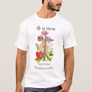 Han är uppstånden, blomster trä påsk familj, Relig T Shirt