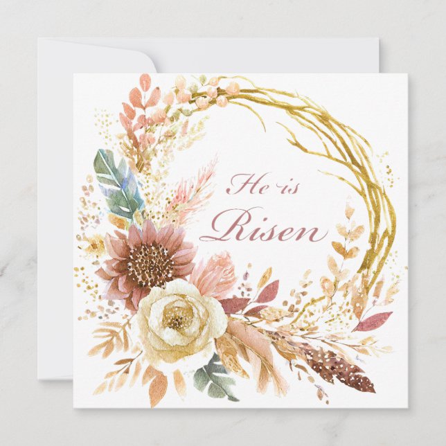 Han är Uppstånden boho blomsterkrans Påsk Julkort (Framsida)