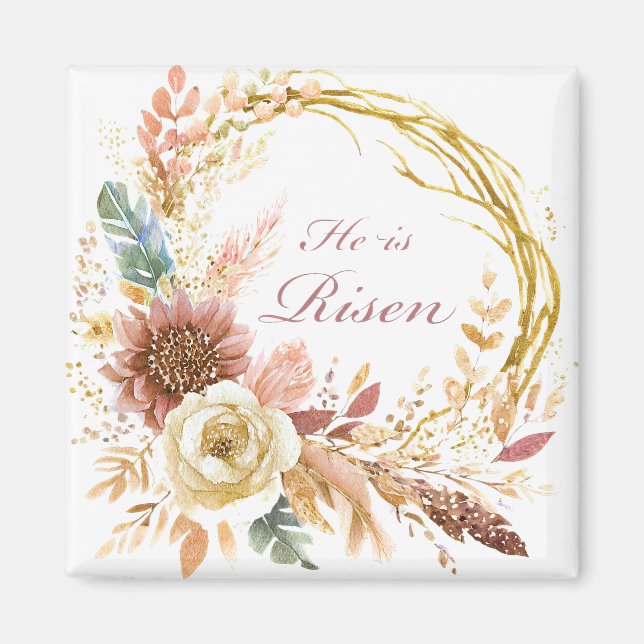 Han är Uppstånden boho blomsterkrans Påsk Magnet (Framsidan)