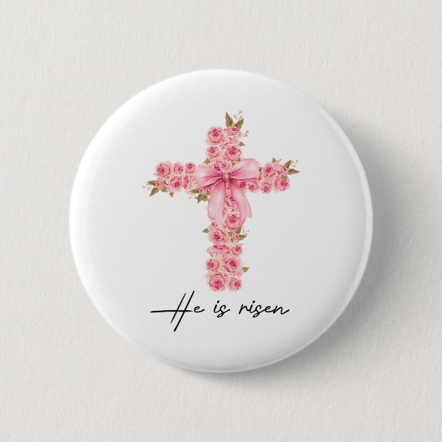 Han är Uppstånden Coquette Bow Floral Kors Tro Pås Knapp (Framsida)