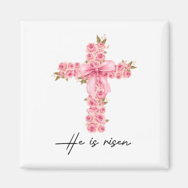 Han är Uppstånden Coquette Bow Floral Kors Tro Pås Magnet (Framsidan)