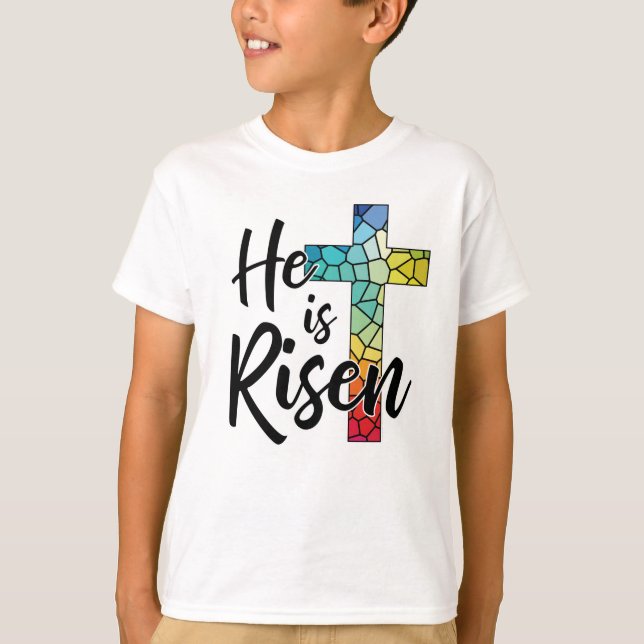 Han är Uppstånden, Glasfönsterkors - GraphicLoveSh T Shirt (Framsida)