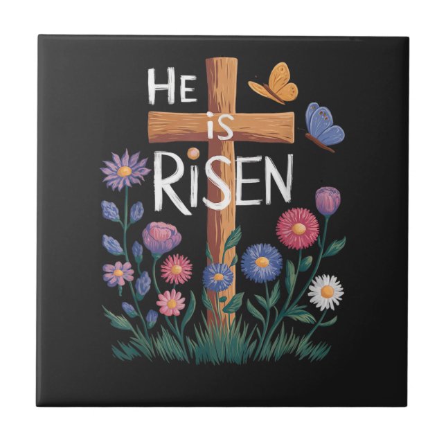 Han är Uppstånden Jesus Blommig Kristen Påsk Kakelplatta (Framsidan)