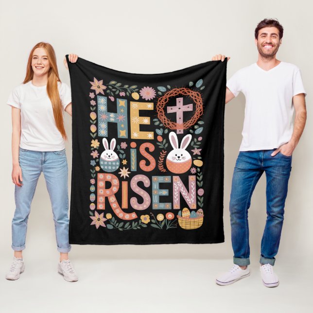 Han är Uppstånden Jesus Blommig Söt Påskhare Kanin Fleecefilt (På plats)
