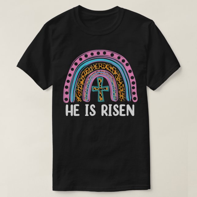 Han är Uppstånden Leopard Regnbåge Kristendomen Je T Shirt (Design framsida)
