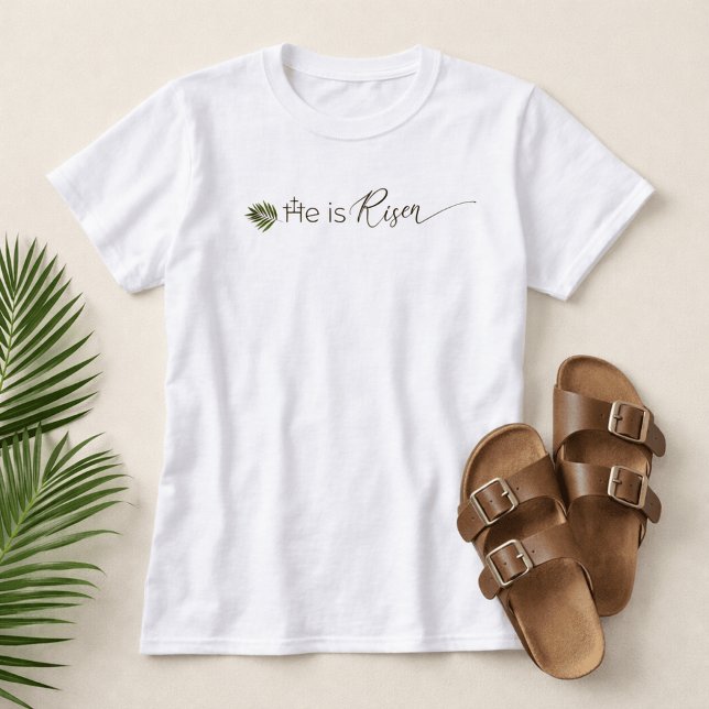 Han är Uppstånden Palmblad  3 Kors Minimalistisk P T Shirt (He is Risen Palm Leaf 3 Crosses Easter Shirt)