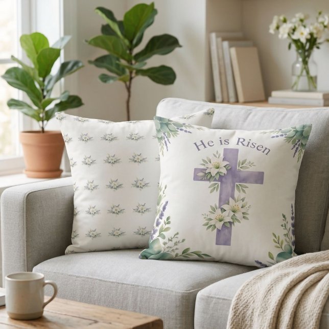 Han är Uppstånden Påsk 2026 Blommig Kors Religiös Kudde (Beautiful He is Risen Easter 2026 floral cross throw pillow for religious home decor.)