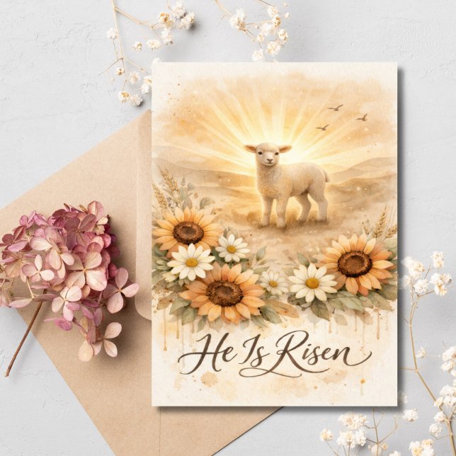Han är Uppstånden Påskalamm Kristet Religiöst  Julkort (Easter Lamb, He is Risen, Christian Religious Catholic Easter Card. Printed or Digital)