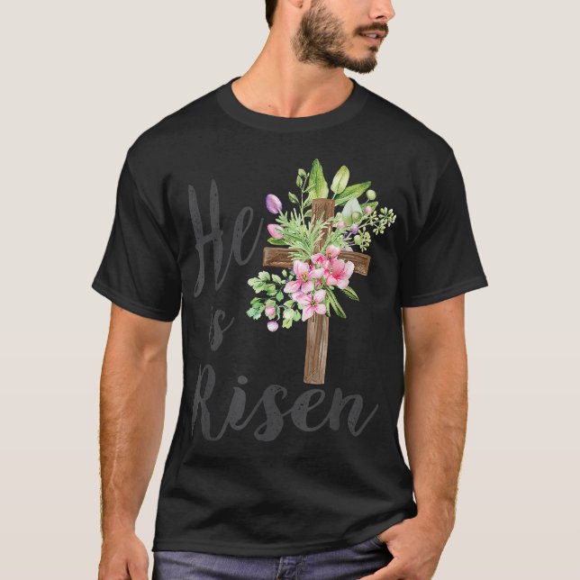 Han är Uppstånden Påskdag Jesus Blommig Kors T Shirt (Framsida)