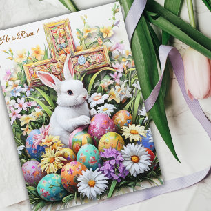 Han är Uppstånden Religiös Påskhare Kors Blommig Julkort