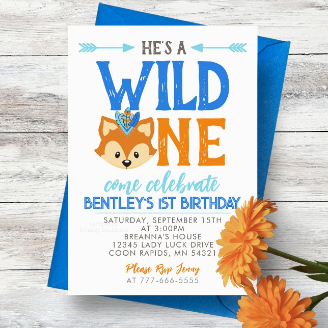 Han är VILD 1:a födelsedag Party Inbjudningar (He's a Wild One Tribal Fox 1st Birthday Invitations. Available printed or digital download)