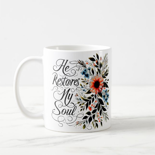 Han återställer min själ blomster personlig kaffemugg (Vänster)