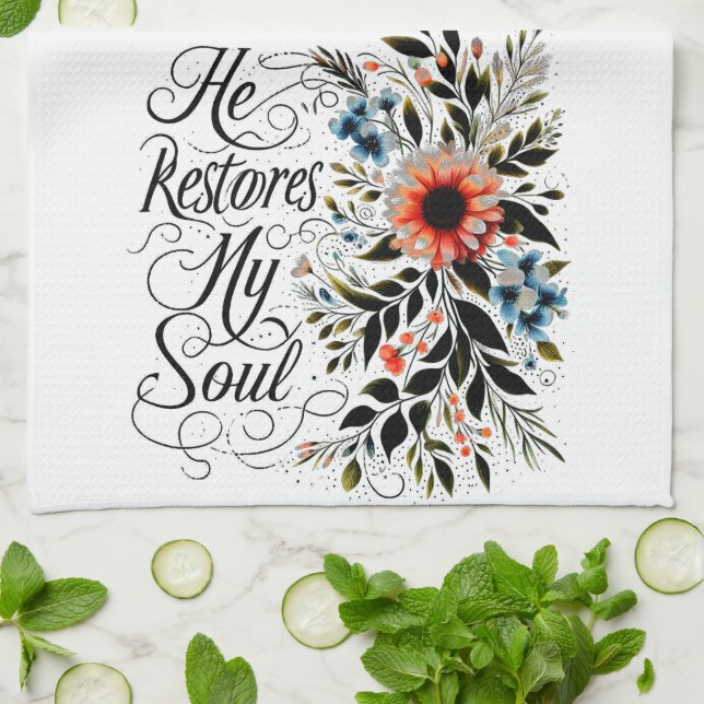 Han återställer min själsliga blommigt kökshandduk (Vikta)