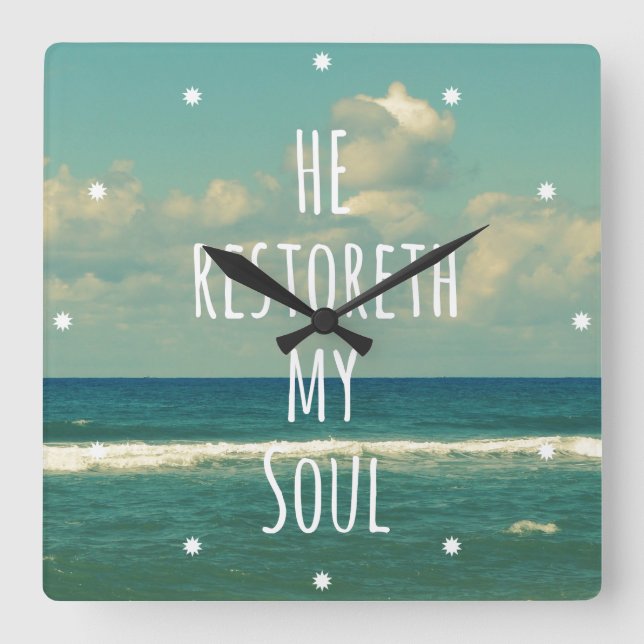 Han återstoreth my Soul Bible Verse Scripture Fyrkantig Klocka (Framsida)