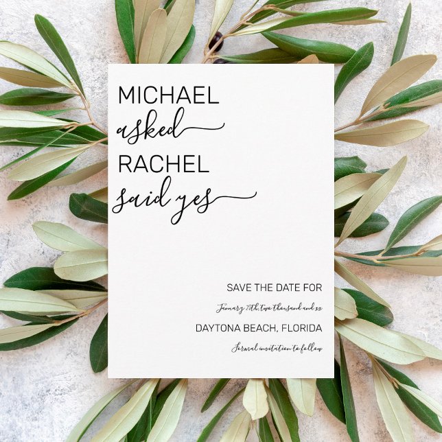 Han bad henne säga ja, Simple White Black Bröllop Spara Datumet (Skapare uppladdad)