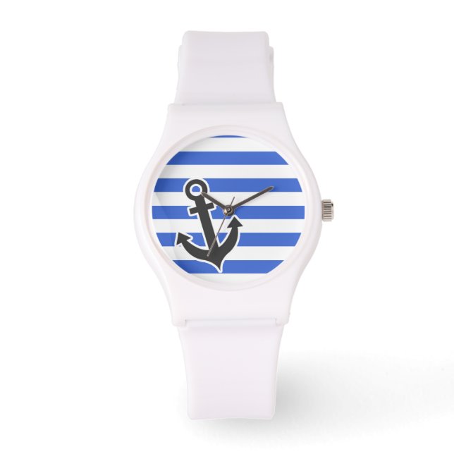 Han Blue Vågrät Rand; Nautical Anchor Armbandsur (Framsida)