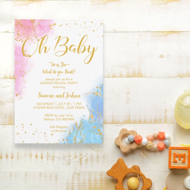Han eller hon åh baby rosa och blå glitter inbjuda inbjudningar (Skapare uppladdad)