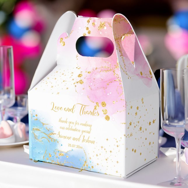 Han eller hon åh baby rosa och blå guld glitter presentaskar (He or she oh baby pink and blue gold glitter favor box)