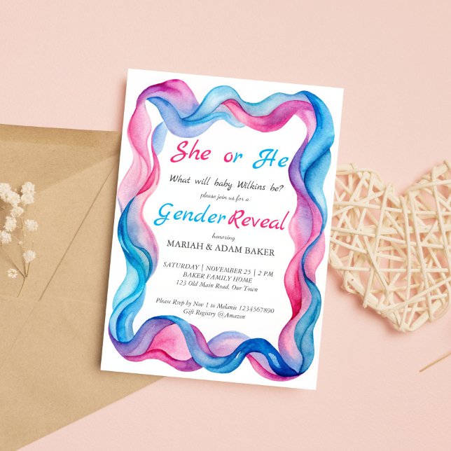 Han eller hon avslöjar rosa och blått vågigt band  inbjudningar (He or she pink and blue wavy ribbon gender reveal invitation template instant download boy or girl)