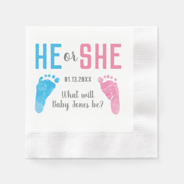 Han eller hon Baby Gender Reveal Footprint Party Pappersservett (Framsidan)