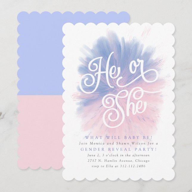 Han eller hon Baby Gender Reveal Party Bomb-inbjud Inbjudningar (Fram/baksida)