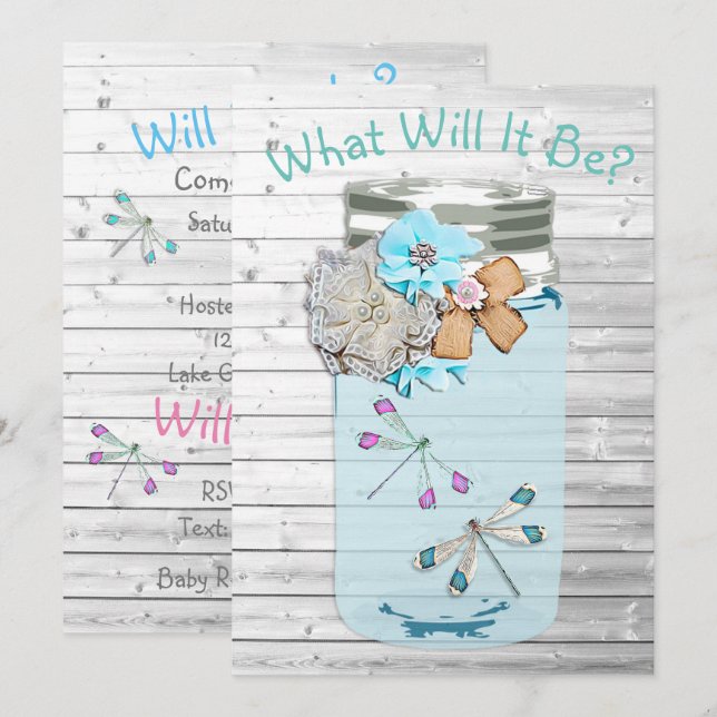 Han eller hon, Baby Shower Gender Reveal Dragonfly Inbjudningar (Fram/baksida)