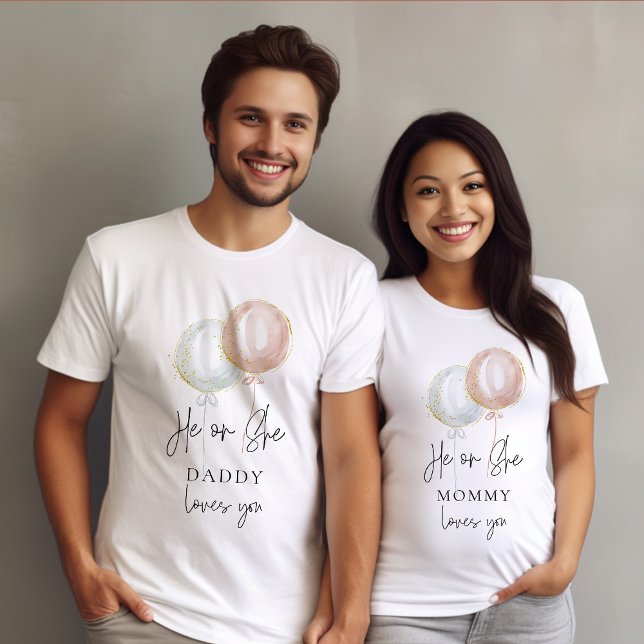 Han eller hon Balloon Gender Reveal Family pappa T Shirt (Skapare uppladdad)