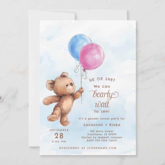 Han eller hon Barly Wait Nalle Gender Reveal Inbjudningar (Framsida)