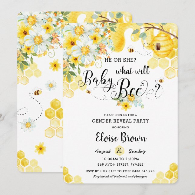 Han eller hon Bees Gult Blommigt Gender Reveal Par Inbjudningar (Fram/baksida)