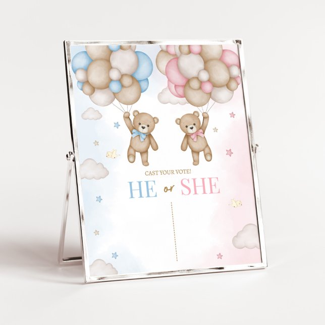 Han eller Hon Björn Köns Avslöjande Skylt (Bear Balloon He or She Gender Reveal He or She Sign)