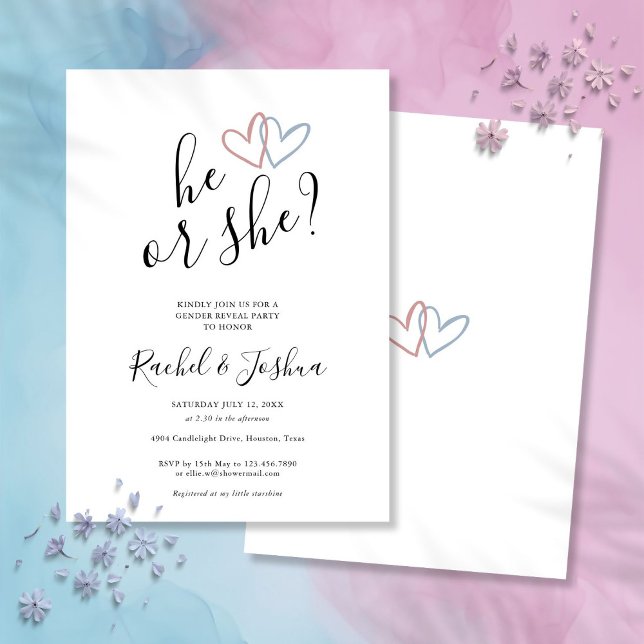 Han Eller Hon Blå Rosa Hjärtan Könsbestämmande Fes Inbjudningar (He Or She Blue Pink Hearts Gender Reveal Party Invitation)