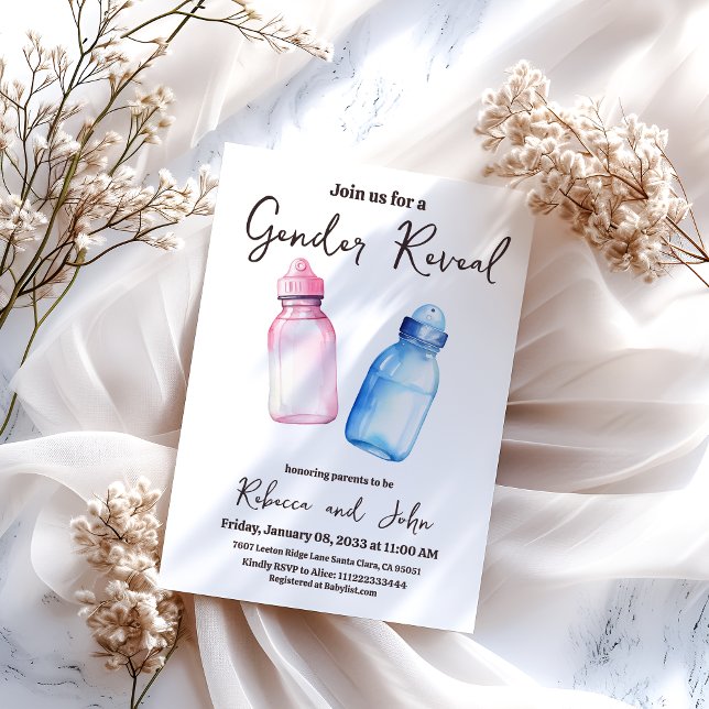 Han eller hon Blue and Rosa Baby Flaska Gender Rev Inbjudningar (Skapare uppladdad)